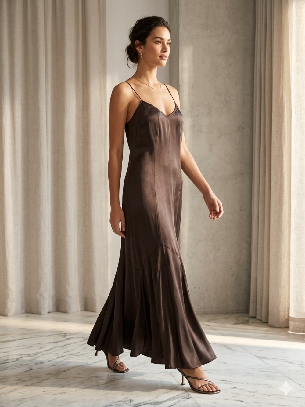 MaxMara Brown 100% Silk Slip Maxi Dress with Flared Hem